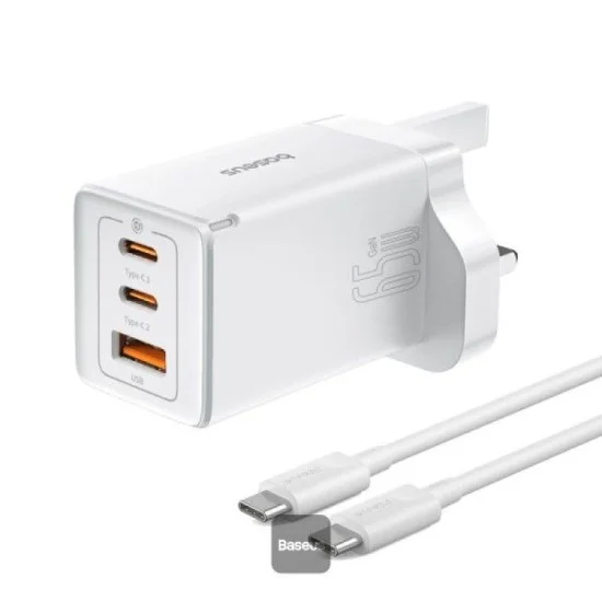 Baseus 65W 3-Port (2 Type-C + Usb-A) Fast Wall Charger - White
